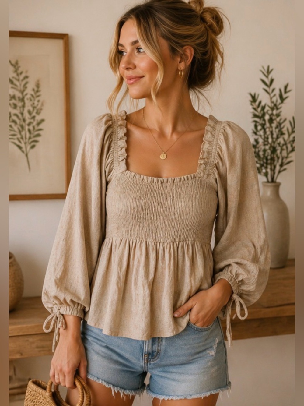 505 Grace + Karma Beige Smocked Peasant Blouse Boho Balloon Sleeve Top S